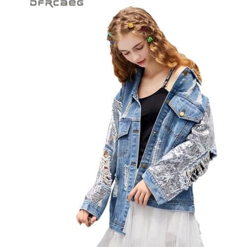 2020 Fashion Patchwork Sequin Jeans Jacket Women Spring Streetwear Long Sleeve Ladies Coats Holes Ripped Loose Denim Jackets