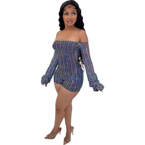 2021 Women Sexy Sequined Shorts Jumpsuit Slash Neck Off Shoulder Pleated Flare Sleeve Nightclub Party Playsuit Streetwear
