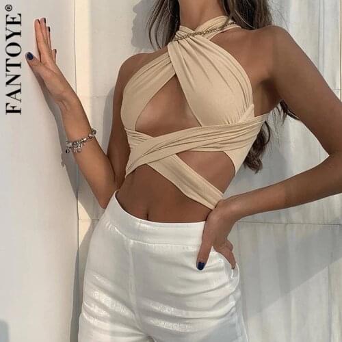 FANTOYE Khaki Sexy Bandage Halter Crop Top Hot Women Fashion Backless Camis Party Clubwear Cross-up Tank Vest Cropped Feminino