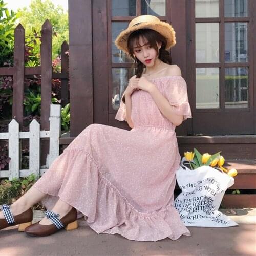 Summer new womens Korean fresh Flare SleeveSlash neck high waist was thin long strapless sweet casual Dress