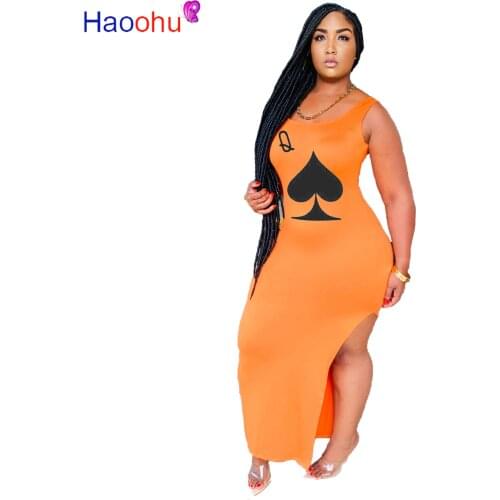 HAOOHU Women New Sleeveless Black Queen Poker Card Print Tank Maxi Dress Sexy Party Club Bodycon Side Split Midi Long Dresses