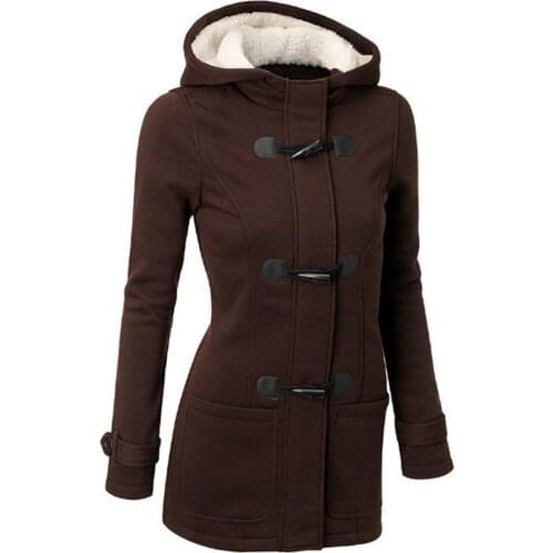 Plus Size Winter Fashion Women Solid Color Horn Buckle Hooded Long Sleeve Coat