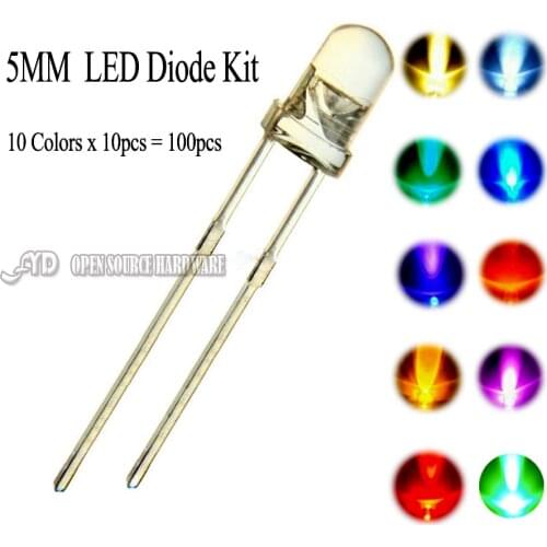 100pcs (10 colors x 10pcs) 5mm LED Diode 3V 5 mm Assorted Kit Warm White Green Red Blue UV Ultra Bright DIY Light Emitting Diode