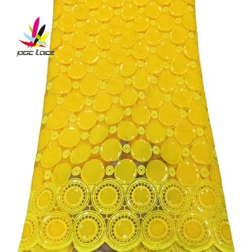 2021 Latest Nigerian Lace Fabrics High Quality New African Sequins Yellow Tulle Lace Material French Embroidered Milk Silk