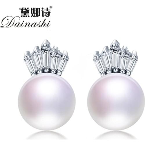 Dainashi Fine Jewelry 925 Sterling Silver Zircon Crown Stud Earrings Elegant 100% Genuine Freshwater Pearl Earrings for Women