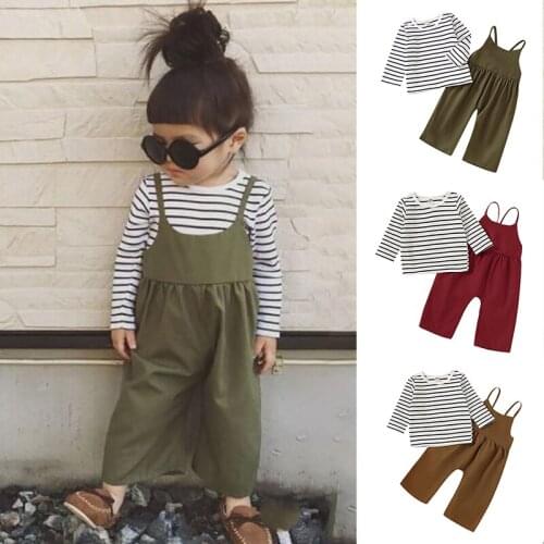 Children Clothing Set Toddler Baby Girls Long Sleeve Stripe Tops+Solid Suspender Pants Autumn Winter Girls Outfits