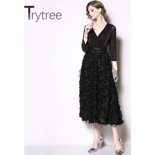 Trytree Summer Autumn Solid Dress V-Neck Sashes womens dresses Shiny Shirt patchwork Feathers Hem A-Line Mid-Calf Casual Dress