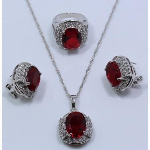 MANNY AAA+ Quality Red Garnet Silver Color Wedding Bride Jewelry Sets For Women Earring Necklace Pendant Ring Gift Box T207