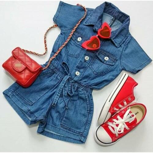 2020 Toddler Kids Girls Rompers Outfit Playsuit Short Sleeve Blue Denim Jumpsuit Romper Summer Clothes