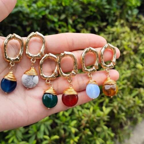 Fashion Lady Natural Stone Round Geometric Dangle Ear Stud Earrings Jewelry Gift bohemian accessories aretes cortos mujer