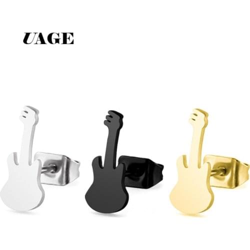 UAGE Rock Gold Guitar Earrings Men Women Stainless Steel Earrings Black Fashion Musical Instruments Jewelry Ear Stud