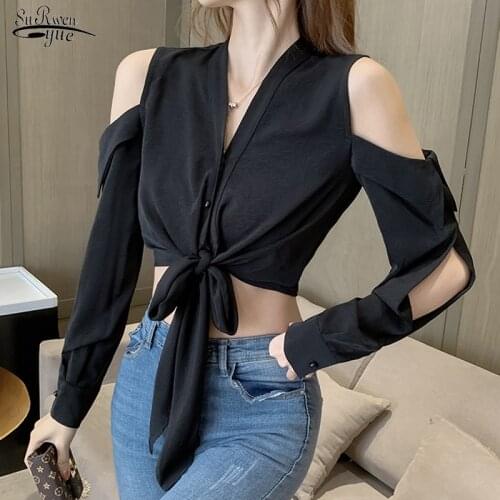 New French Sexy Off Shoulder Tops Hollow Out Tied Elegant Black Blouse V-neck Long Sleeve Short Chiffon Shirt Blusas Mujer 12930