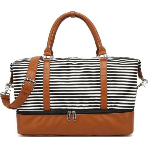 Wholesale Women Canvas Weekender Bag Overnight Carryon Duffel Tote PU Leather Strap with Shoe Compartment 20pcs/Lot