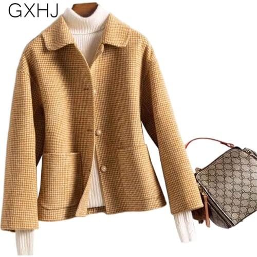 Womens wool coat Cashmere Elegant Turn Down Collar Woolen Coat Design Winter Warm Coat Casaco Feminino Plaid Jacket Coat