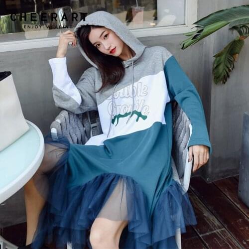 Cheerart Streetwear Hoodie Dress Women Asymmetrical Sweatshirt Dress Mesh Patchwork Colorblock Long Midi Dress Autumn 2018