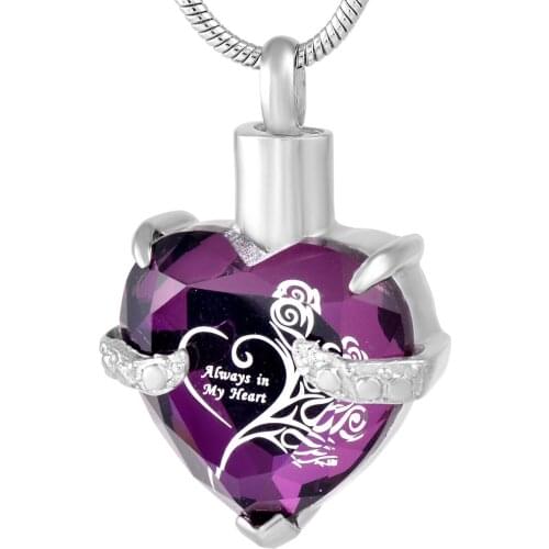 Always In My Heart Purple Crystal Heart Urn Pendant Long living Flower Symbol Carry You With Me Cremation Pet Urn Jewelry