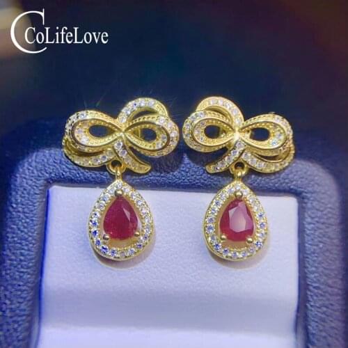 CoLife Jewelry Fashion 925 Silver Bow Dangler for Daily Wear 4*5mm Real Ruby Drop Earrings Sterling Silver Ruby Jewelry