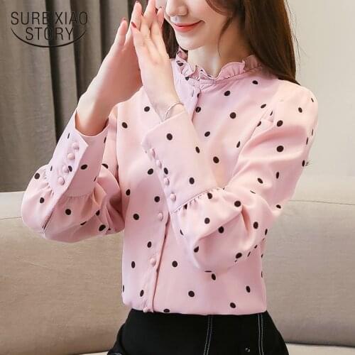 2021 Spring Fashion Women Standing Collar Dot Pattern Women Blouse and Top Office Lady Long Sleeve Shirts Blouse and Top 3076 50