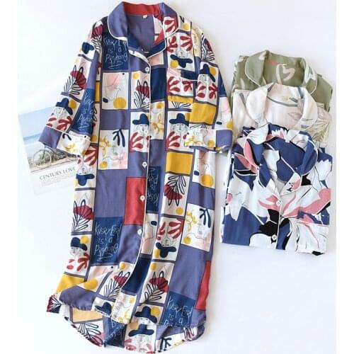 Spring And Summer New Mid-Sleeve Nightdress Ladies Viscose Cardigan Skirt Shirt Skirt Loose Large Size One-Piece Dress Nightgown