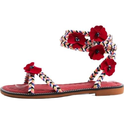 2021Summer Women Bohemia Ethnic Flat Sandals Ankle strap Flowers Leisure Pink Red Genuine leathe Office lady Women shoes Size 40