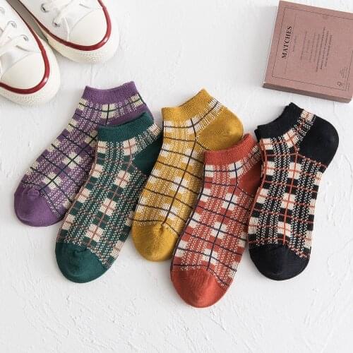 Womens Boat Socks New Plaid Socks Pastoral Style Korean Womens Socks Two-Needle Two-way Shallow Mouth Sock Spring And Summer S