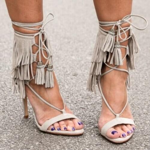 Hot Selling Cheap Beige Suede Leather Lace-up Ankle Strap Sandals High Heel Cut-out Fringe Dress shoes woman Designer Tassel San