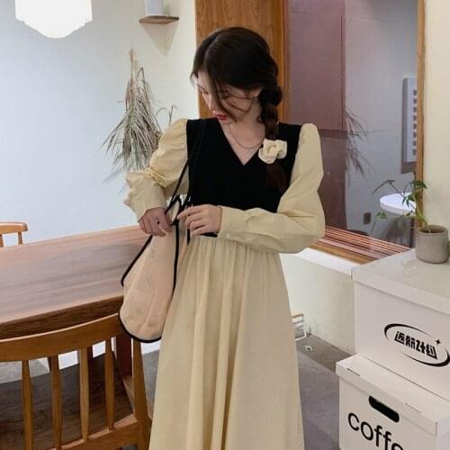 Hstar Vintage Temperament Dresses Women V-Neck Patchwork Korean Chic Long Sleeve Autumn Elegant Ladies Dress vestido maxi