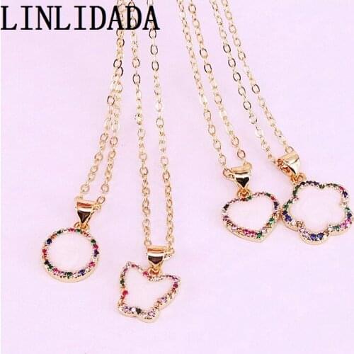 10Pcs Fashion Rainbow CZ Zirconia Micro Paved Round /Heart/Butterfly Shell Pendant Charms Necklaces For Women Jewelry