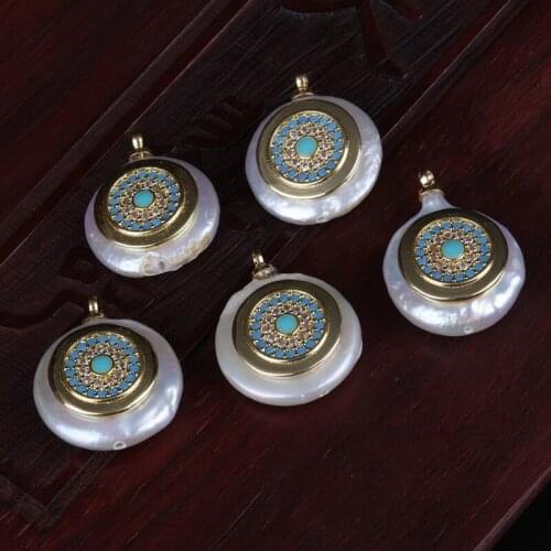 10/pcs lot coin freshwater pearl gold mint green cz evil eye protection connector pendant bead charm for jewelry DIY accessories