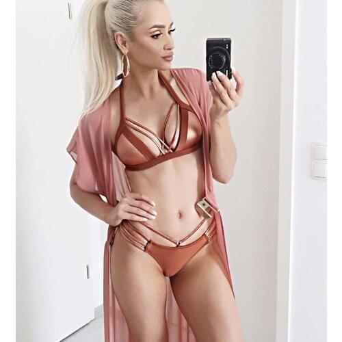 2018 Sexy Patchwork Bikini String Thong Monokini Gold Swimwear Biquini Halter Top Swimsuit Padded Bra Female Bathing Suit