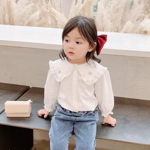 Baby White Shirt For Girl Girls Shirts Doll collar Long Sleeve Korean Costume Children Kids Clothes Fashion Tops Summer Spring