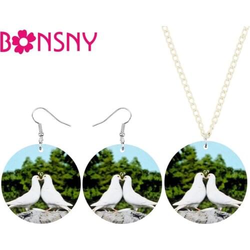 Bonsny Acrylic Round Dove Of Peace Pigeon Jewelry Sets Animal Bird Earrings Necklace For Women Teens Kid Charms Gifts Decoration