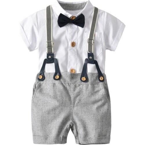 DFXD Newborn Boys Clothing Set 2018 New Fashion Summer Cotton White Short Sleeve Bow Tie Romper+Overall 2pc Infant Boys Outfits