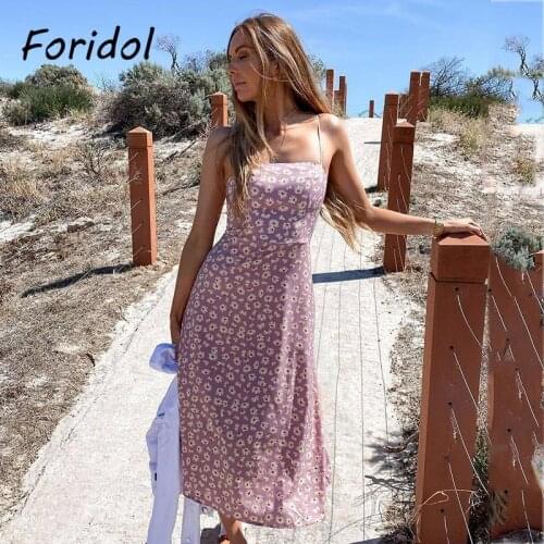 Foridol Daisy Print Green Summer Dress Women Strap Lace Up Slit Maxi Long Dress Boho A-line Beach Dress Australia Dress 2021