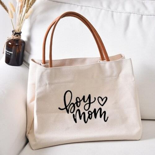 Boy Mom Printed Canvas Handbag Gift for Mothers Day Work Bag Women Lady Beach Bag Dropshipping