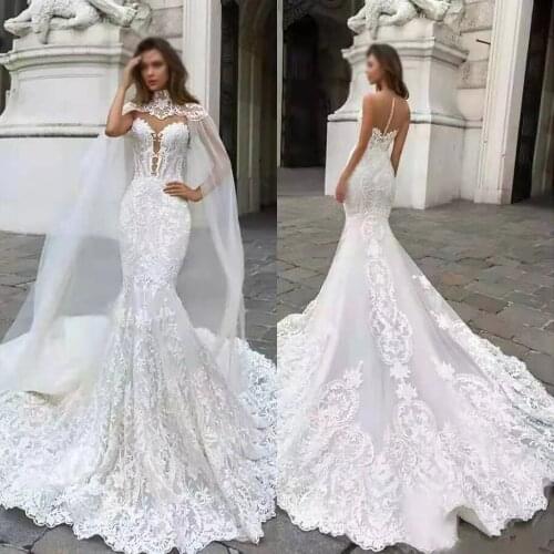 JSLYHS 2020 Mermaid wedding dress retro lace Tulle Shawl Slim Bridal Gown High quality Robes de mariée Свадебное платье