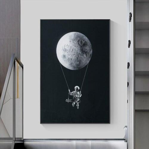 Girl Swinging on The Moon Stars Canvas Painting Abstract Poster and Print Wall Art Picture Interior Home Decoration Cuadros