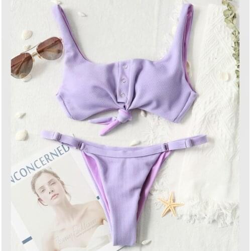 Sexy Knotted Scoop Ribbed swimwear Women Bikini Set 2021 Solid Button Bathing Suit Tankini Purple Swimsuit thong bikini Push Up