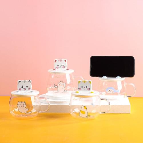 400ml Cute Glass Cup Tea Coffee Mug with Phone Holder Transparent Student Juice Milk Glass Cup Couples Home Water Cup Gift