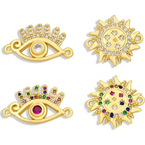 OCESRIO Brass Cubic Zirconia Evil Eye Charms for Bracelet Making Gold Plated Connector Charms Two Hole Wholesale Jewelry chma064