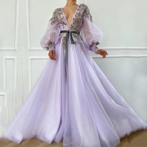 Modest Lavender A-line Tulle Prom Gowns With Delicate Appliques Beaded Prom Gowns Formal Dress Abendkleider 2020