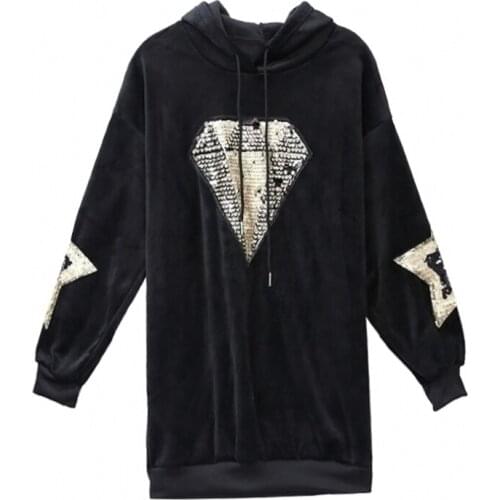 PERHAPS U Women Black Velvet Long Fleece Hooded Dress Sequined Diamond Star Bling Loose Gold Hip Pop Pullover Punk H0042