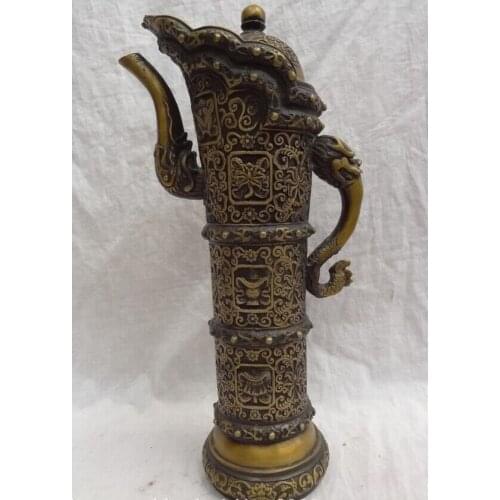 Song voge gem S3017 16" Tibet Bronze Buddhist 8 Auspicious Symbol Dragon Head Statue Teapot Wine Pot