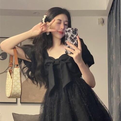 Dress French Bow Net Yarn Short-sleeved Black Dress Female Summer New Style Korean High-waist Short Skirt