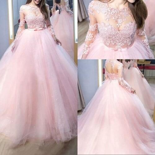 Pink Tulle Lace Up Prom Gowns with satin Belt Adjustable Size Elegant lace Applique illusion Back Long Sleeve Evening Dresses