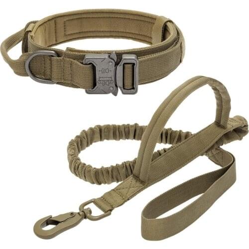 Tactical Dog Collar with Double Handle Bungee Leash, Adjustable Military Heavy Duty Nylon Dog Training Collar Leash Set Portable