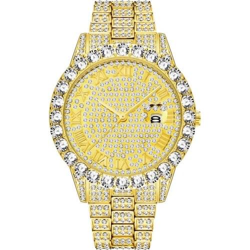 Hip Hop Mens Watches Luxury Date Quartz Wrist Watches Micro Pave CZ Watch Link Chain Bracelet For Men Jewelry Gold Color Rose