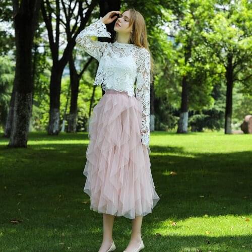 2021 Boho Long Summer Tulle Skirt High Waist Ruffles Women Beach Skirts Pink Jupe Femme Tulle Skirt Saia Midi Faldas