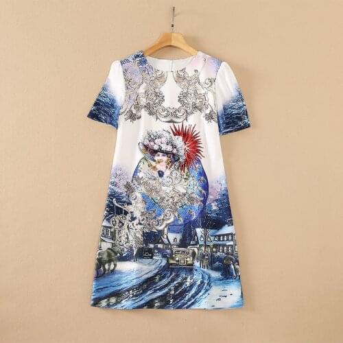 Europe and the United States womens clothing New Summer 2021 Short sleeve nail bead Fashion architectural figure print dress