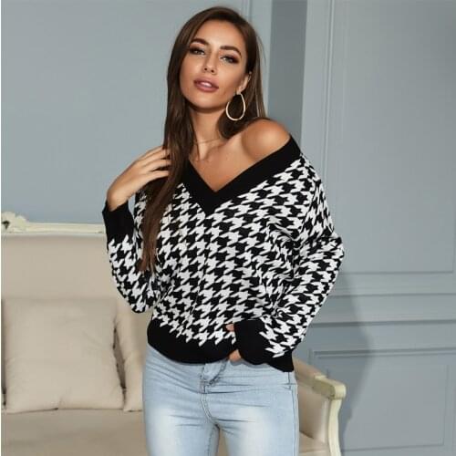 Houndstooth Lady Pullover Knitted Sweaters V Neck Sexy Long Sleeve Female Casual Tops Vintage Geometric Plaid Jumper 2020 Autumn